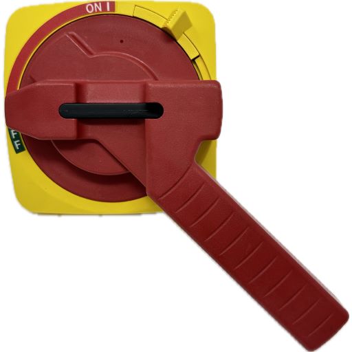 Front view of red and yellow, on and off disconnect switch.