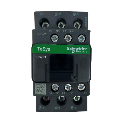 LC1D25F7 contactor, front view with manufacturers specifications in English