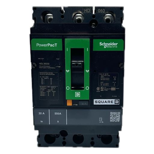 HDL36030 circuit breaker, front view with manufacturers specifications in English