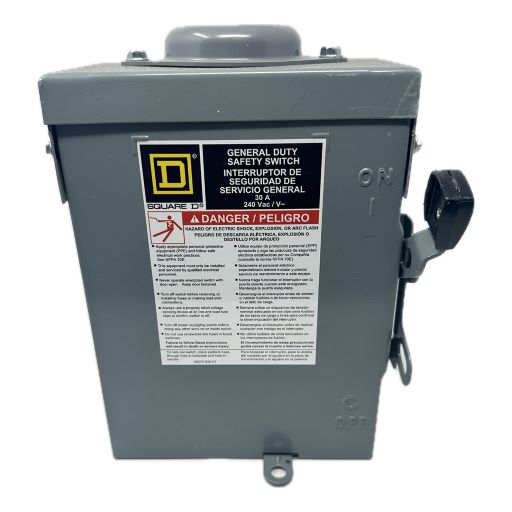 Front view of disconnect switch with manufacturer logo and label with part specifications in English.