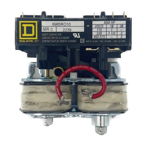 8965RO10V01 Reversing Contactor with English specifications and a Square D logo