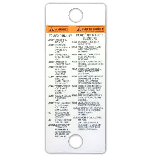 White heavy duty plastic warning tag in English and French