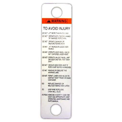 white, heavy duty plastic, warning tag for hoist pushbuttons in English