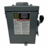 Metal enclosed, disconnect switch, manufacturer warning label in English.