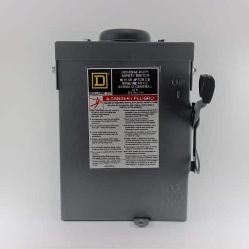 Metal enclosed, disconnect switch, manufacturer warning label in English.