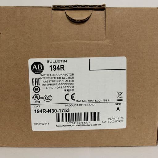 Manufacturer box, part number and description label in English.