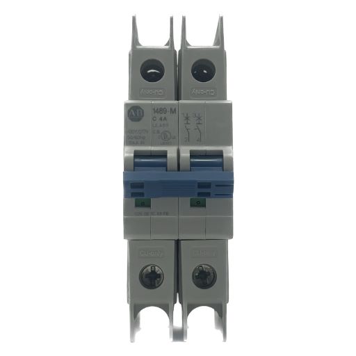 1489-M2C040 White, plastic, miniature circuit breaker, part number and information label in English.