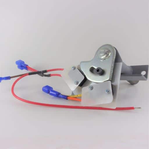 Silver, metal assembly, black, plastic V3-119 limit switches, multiple colored wires, blue, nylon insulated, female quick disconnect terminals.