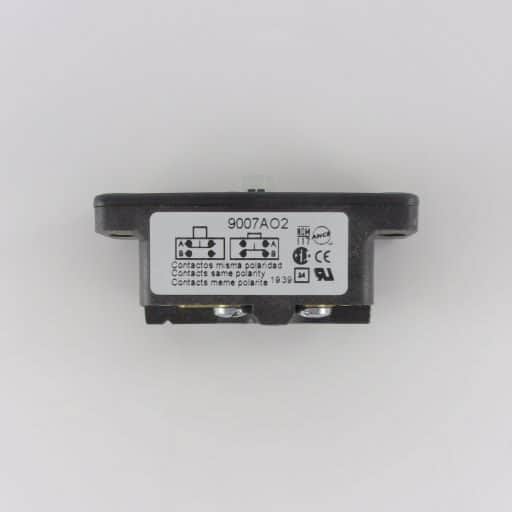 Black, plastic top plunger limit switch, part number and specifications label in English.