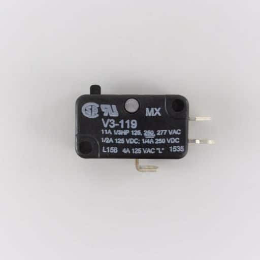 V3-119 Black, plastic plunger style limit switch, part number and specifications label in English.