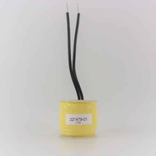 Yellow tape wrapped around wire coil, clear plastic caps on top and bottom, two black wire leads, label on front with part number 227479-01.