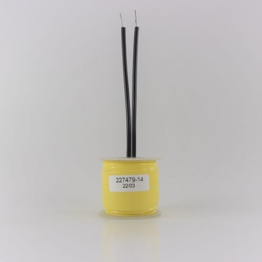 Yellow tape wrapped around wire coil, clear plastic caps on top and bottom, two black wire leads, label on front with part number 227479-14.