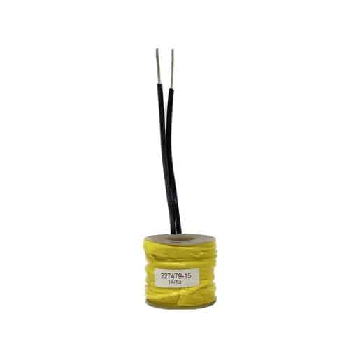 Yellow tape wrapped around wire coil, clear plastic caps on top and bottom, two black wire leads, label on front with part number 227479-15.