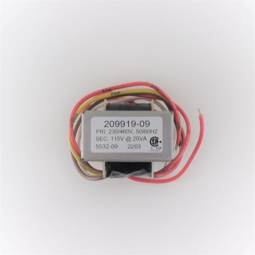 Metal bracket surrounding 209919-09 transformer coil, red, white, yellow and brown wire leads wrapped around the transformer, white part number and description label in English on the top of the metal bracket.