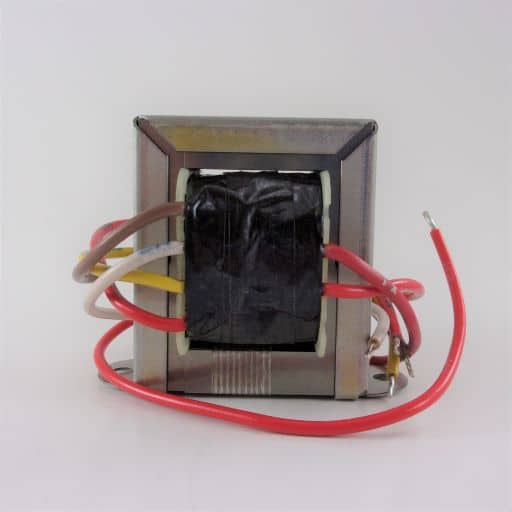 Side view of transformer with one white wire lead, one yellow wire lead, one brown wire lead and three red wire leads coming from the coil.