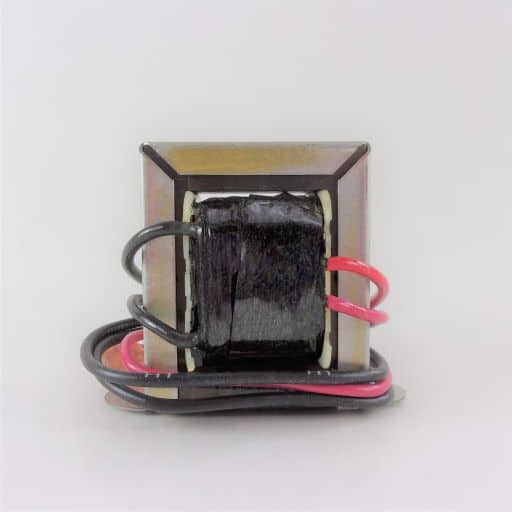 Side view of transformer with two white wire leads and two red wire leads coming from the coil.