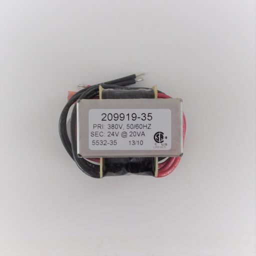 Metal bracket surrounding 209919-35 transformer coil, red and black wire leads wrapped around the transformer, white part number and description label in English on the top of the metal bracket.