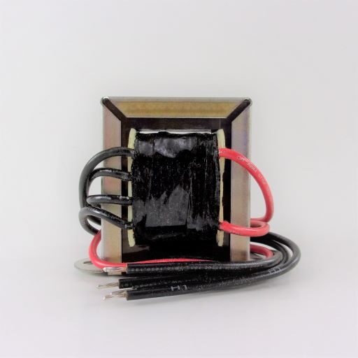 Side view of transformer with four black wire leads and two red wire leads coming from the coil.