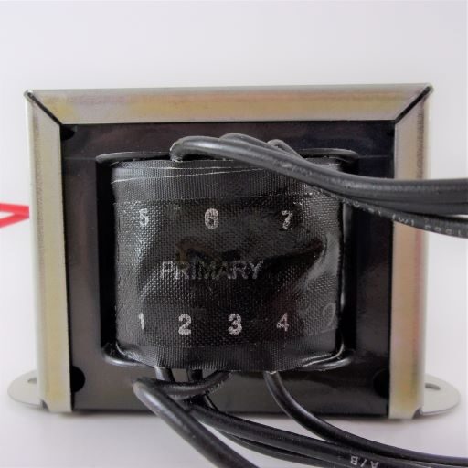 Side view of transformer with seven black wire leads coming from the coil.