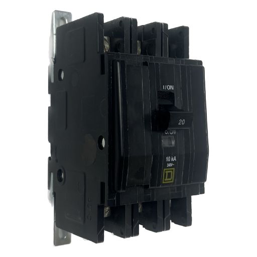 black QOU320 circuit breaker, white label indicating "on" and amperage in English.