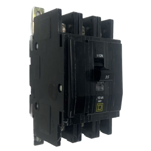 black QOU335 circuit breaker, white label indicating "on" and amperage in English.