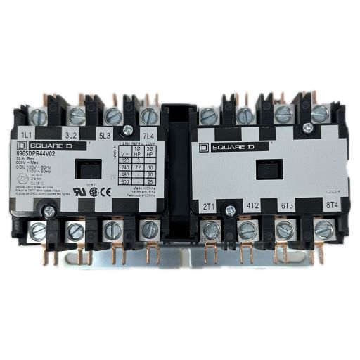 8965DPR44V02 reversing contactor top view with manufacturers specifications printed in English