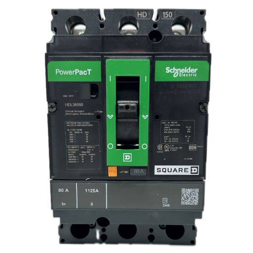 HDL36080 Front view Circuit Breaker, manufacturers specifications in English