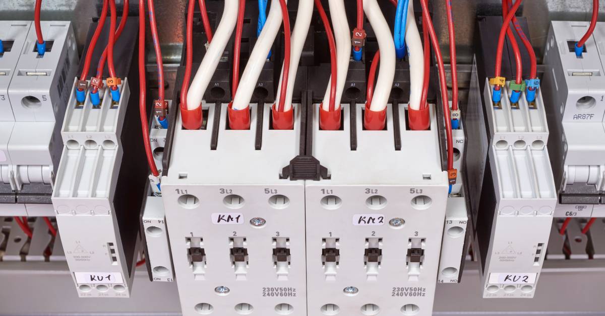 Wires and cables in red, white, and blue are connected to contactors and relays within a reversible assembly setup.