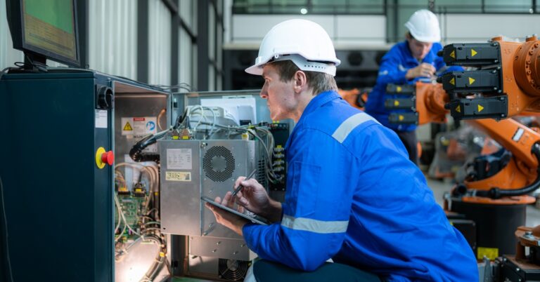 An industrial electrical technician in a blue work shirt and white hard hat inspects an electrical control cabinet.