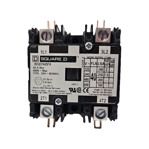 front view of contactor 8910DPA42V14 showing connectors and white label with manufacturers information in English