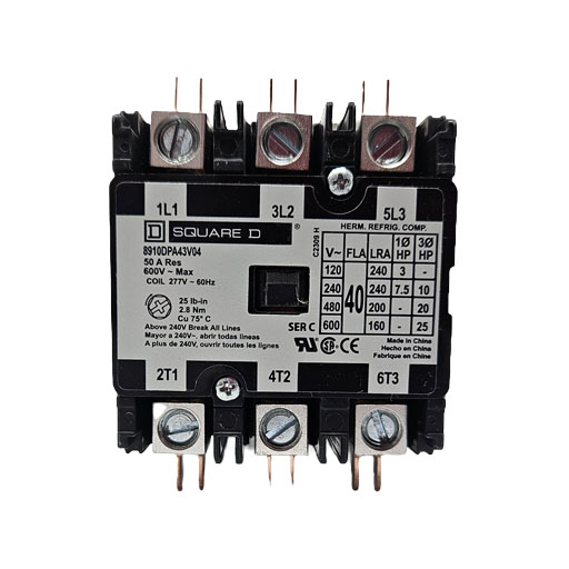 front view of contactor 8910DPA43V04 showing connectors and white label with manufacturers information in English