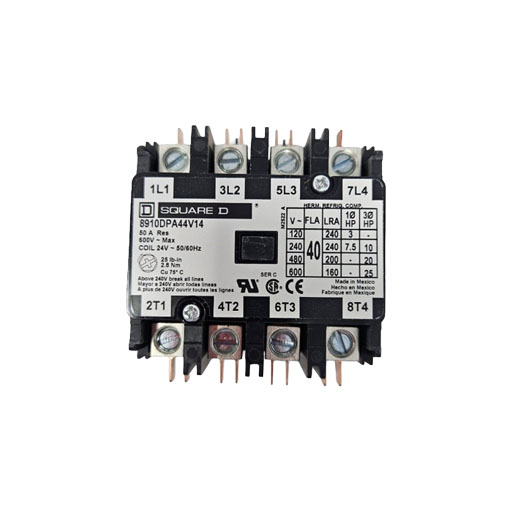 front view of contactor 8910DPA44V14 showing connectors and white label with manufacturers information in English