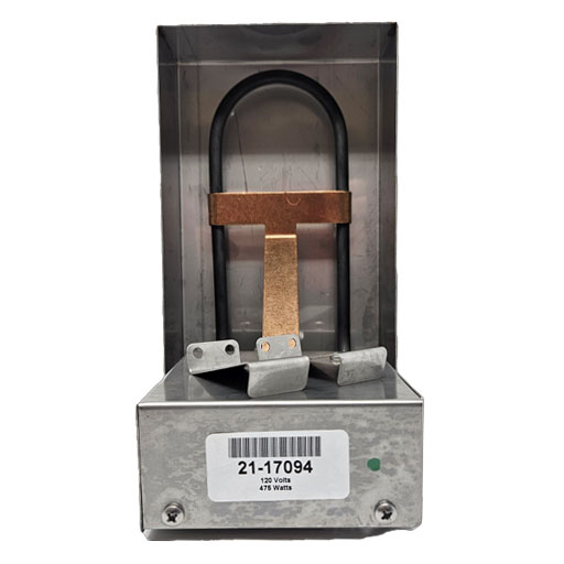 21-17094 Evaporator Drain Pan Assembly, front view showing manufacturers label showing item number mounting brackets and heating element