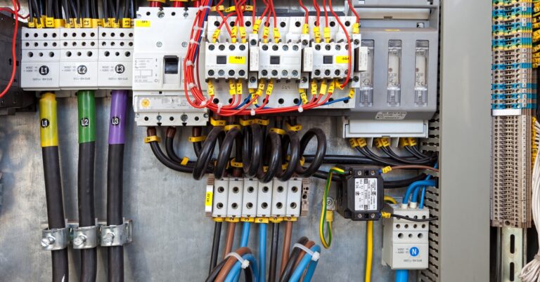 An industrial electrical control panel with contactors, circuit breakers, and color-coded wiring in a professional installation.