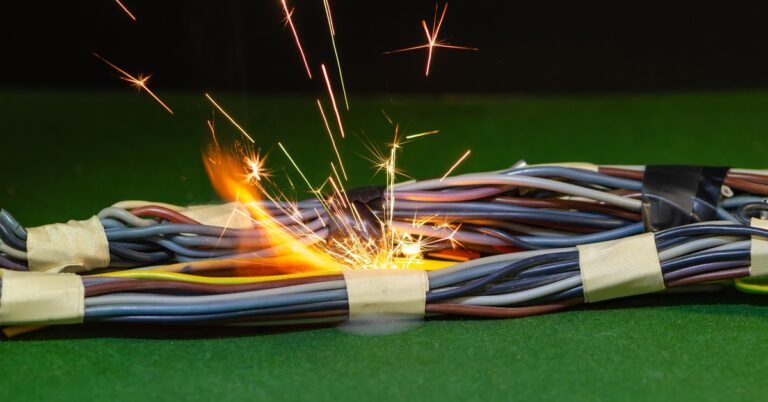 A group of electrical wires sparking and overheating, showing an exposed wiring hazard and the potential for equipment failure.