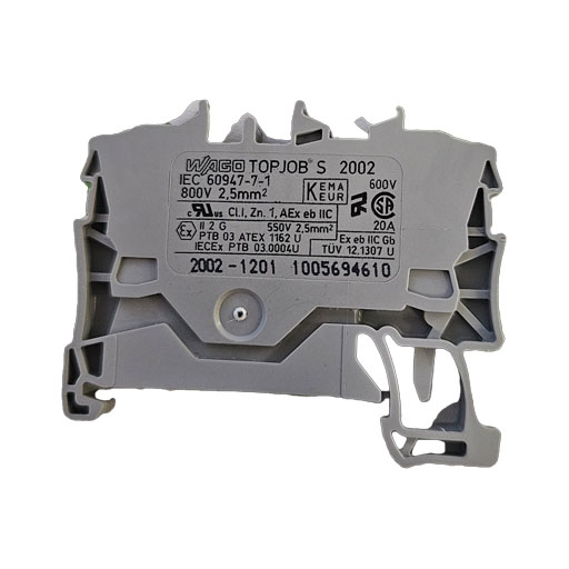 Gray terminal block with manufacturers label in English