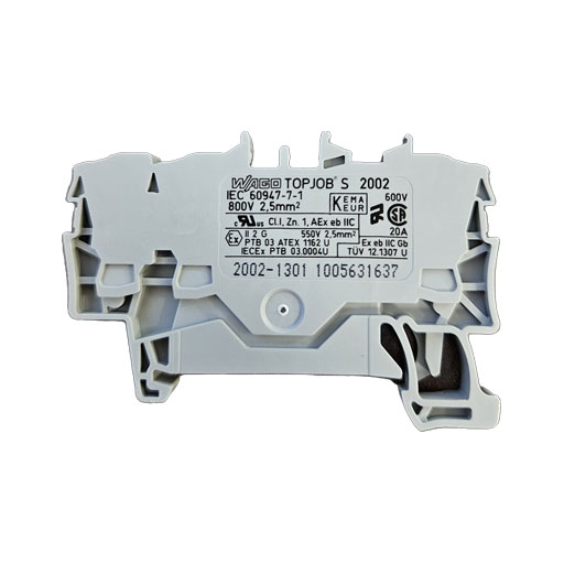 Wago part #20021301, terminal block, gray plastic with specifications in English