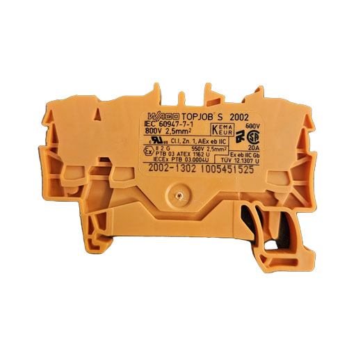 Wago part #2002-1302, orange, plastic, with manufacturers specifications printed in English