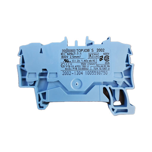 Wago part #2002-1304, blue, plastic, front view with manufacturers specifications in English