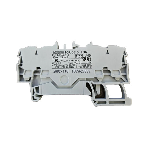 Wago terminal block part #2002-1401, front view, gray plastic with manufacturers specifications in English