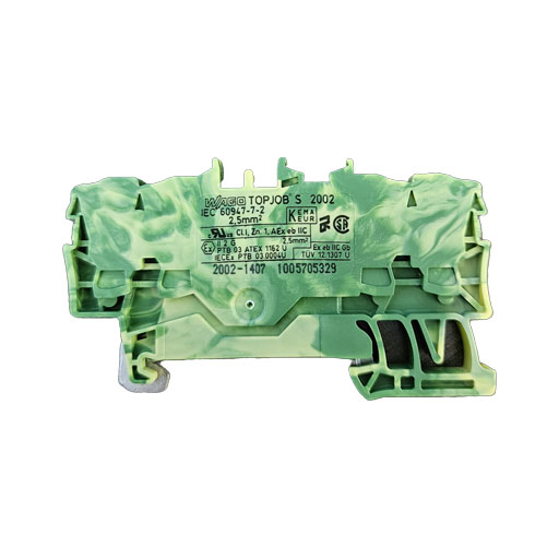 Wago ground terminal block part #2002-1407, green yellow plastic part, front view with manufacturers specification in English
