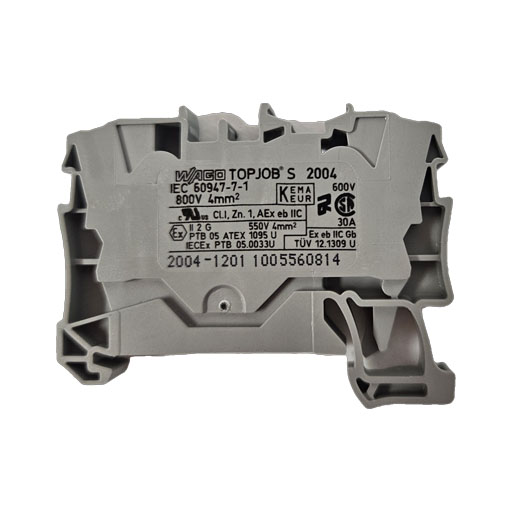 Wago terminal block part #2004-1201, front view of gray, plastic part with manufacturers specifications in English