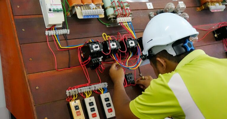 Electrician in a white hard hat inspects motor control wiring on an industrial panel board with contactors and terminal blocks.