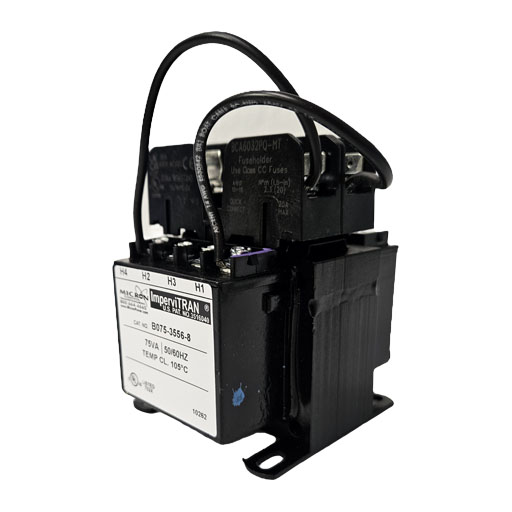 Micron Transformer B075-3556-8 side view showing mounting brackets terminal connections and manufacturers label in English