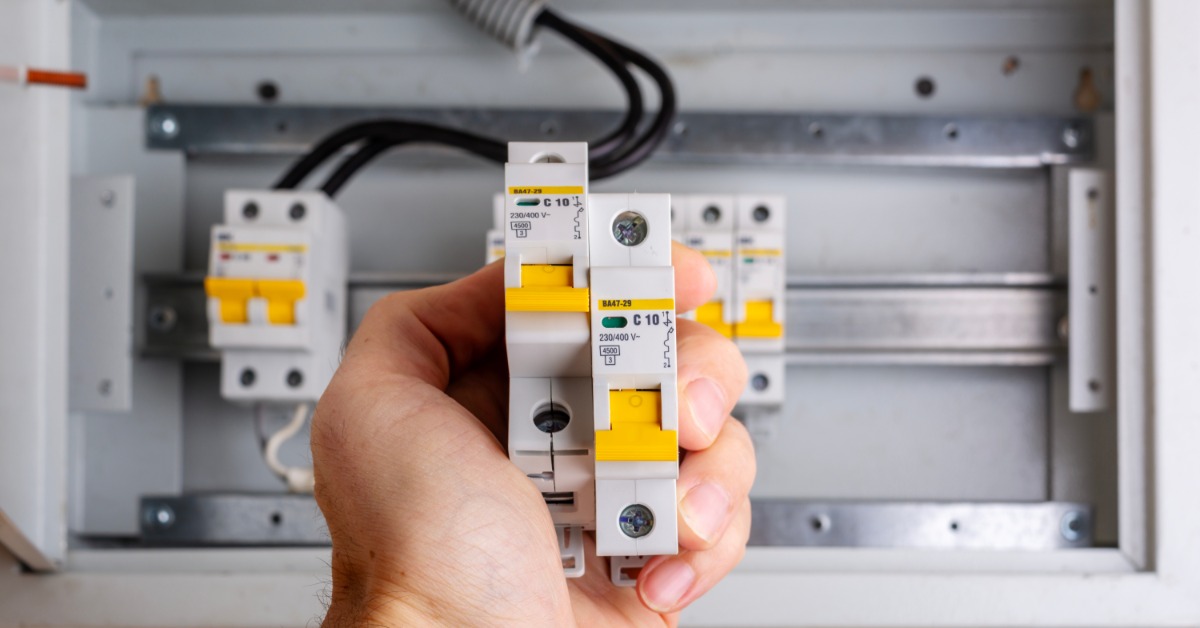 A hand holds two circuit breakers up close with an open industrial electrical enclosure and wiring visible behind them.