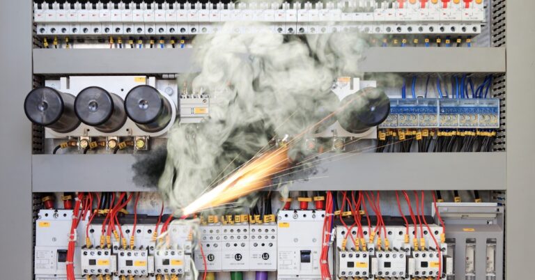 An electrical panel showing an arcing contactor with sparks and smoke, illustrating a common contactor failure risk.