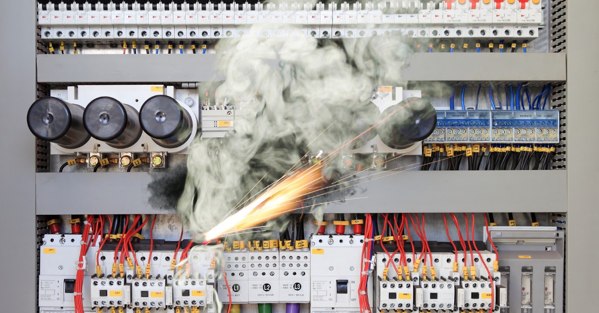 An electrical panel showing an arcing contactor with sparks and smoke, illustrating a common contactor failure risk.